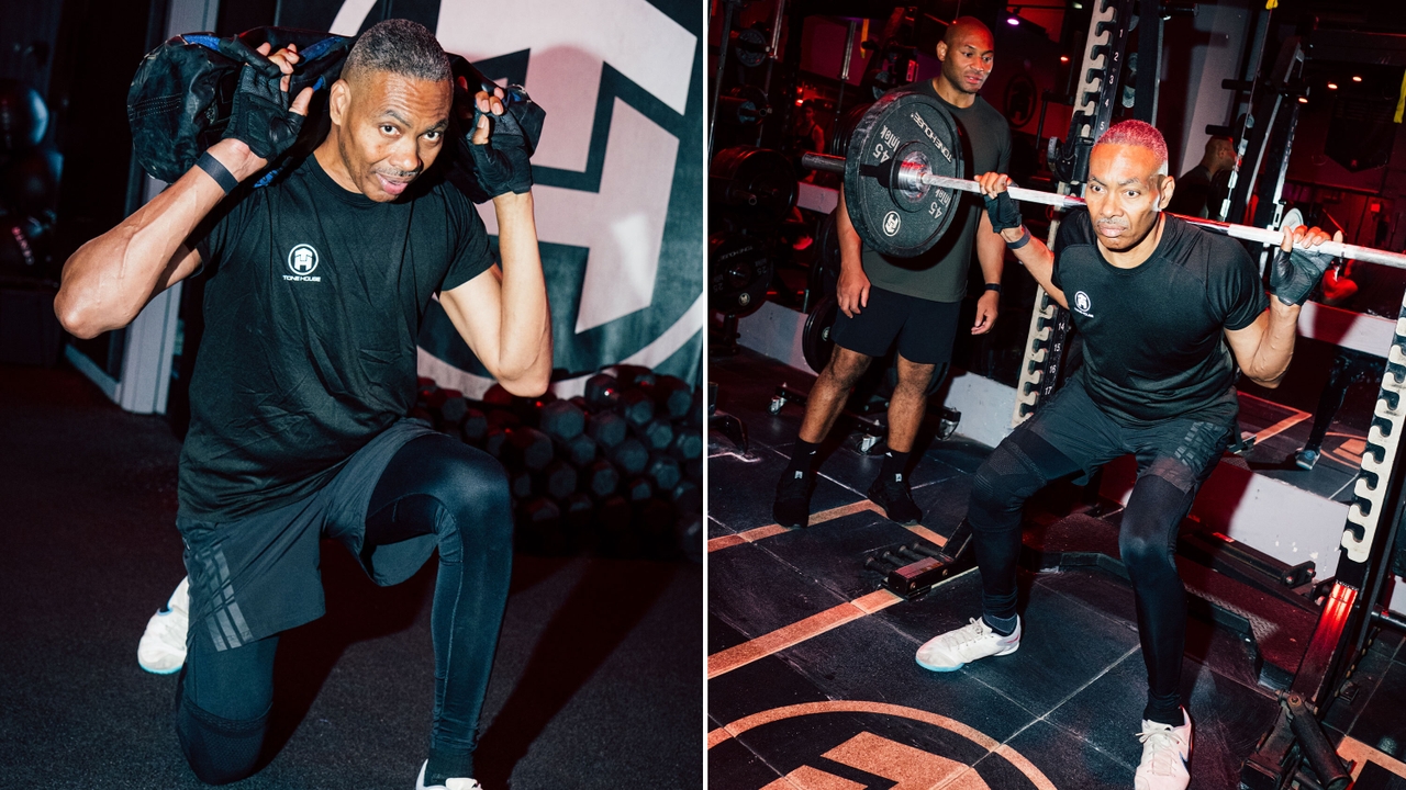The Fable About Getting older That’s Holding You Weaker Than You Ought to Be 3 On the left, Crawford performs weighted walking lunges, and on the right, Tone House Founder Alonzo Wilson coaches Crawford on a barbell back squat.