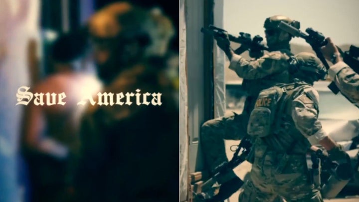 Una pantalla dividida de "Save America" En la fuente y una imagen del video, que muestran a los agentes de hielo asaltar un edificio. 