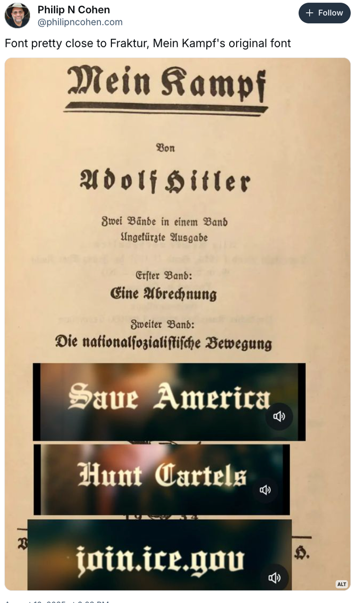 En Bluesky, Philip Cohen, sociólogo y demógrafo, se encontraba entre los que notaron las similitudes entre la fuente utilizada en el clip DHS y las fuentes utilizadas por Hitler y el régimen nazi.