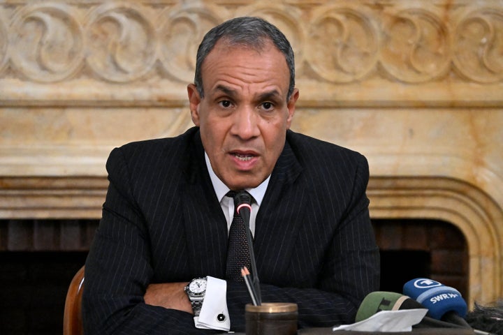 Egyptian Foreign Minister Badr Abdelatty speaks at a press conference about the latest in Gaza ceasefire talks between Israel and Hamas, in Cairo on Aug. 12, 2025.