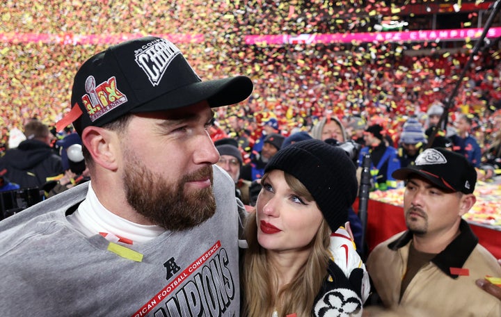 Travis Kelce celebrates with Taylor Swift after the Chiefs defeated the Buffalo Bills 32-29 to win the AFC championship game in January.