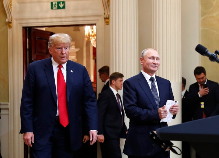 U.S. President Donald Trump, left, and Russian President Vladimir Putin arrive for a news conference in Helsinki, Finland, in 2018.