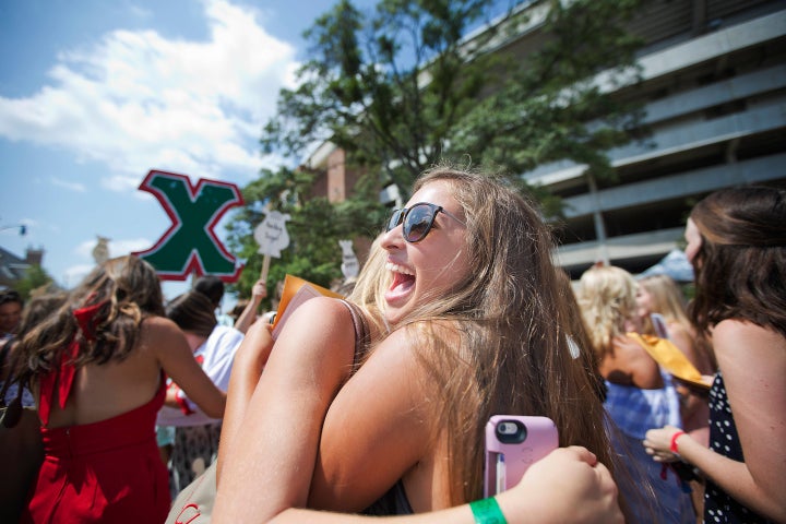 A new recruit of Alpha Chi Omega is photographed during University of Alabama sorority Bid Day, Saturday, Aug. 19, 2017, in Tuscaloosa, Ala.