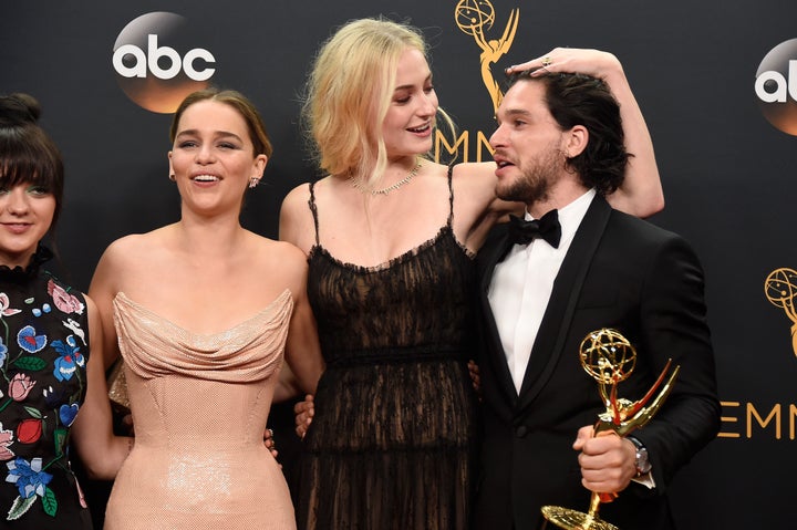 Kit Harington (right) and Sophie Turner (second from right) had to film intimate scenes together in their upcoming film "The Dreadful." Here, they are seen with fellow "Game of Thrones" actors Maisie Williams (left) and Emilia Clarke (second from left) in 2016.
