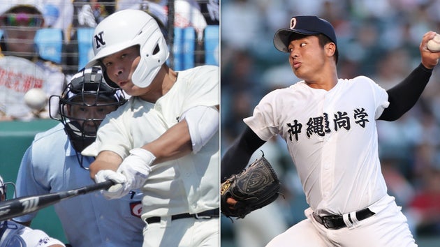 日大三高の田中諒選手（左）と沖縄尚学の末吉良丞投手（右）