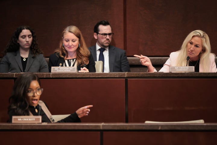 Rep. Jasmine Crockett and Rep. Marjorie Taylor Greene photographed during a hearing the hearing at the U.S. Capitol on May 7, 2025 in Washington, D.C.