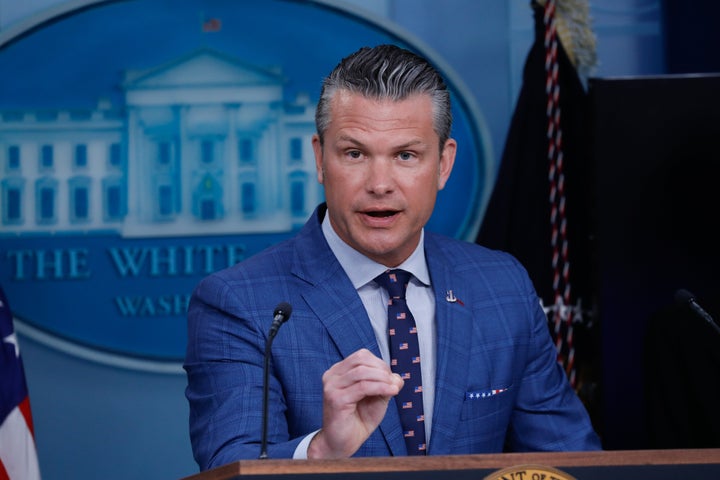 U.S. Secretary of Defense Pete Hegseth speask during a news conference in the White House briefing room with President Donald Trump in the James S. Brady Press Briefing Room of the White House in Washington, DC, US, on Monday, Aug. 11, 2025 (Photo by Yasin Ozturk/Anadolu via Getty Images)