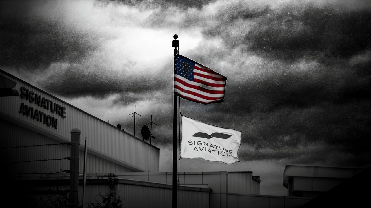 Donald Trump's Mass Deportation Agenda Has A Stunning Stakeholder: Invoice Gates 1 U.S. and Signature Aviation flags fly outside Signature Aviation's Newark Liberty International Airport terminal.