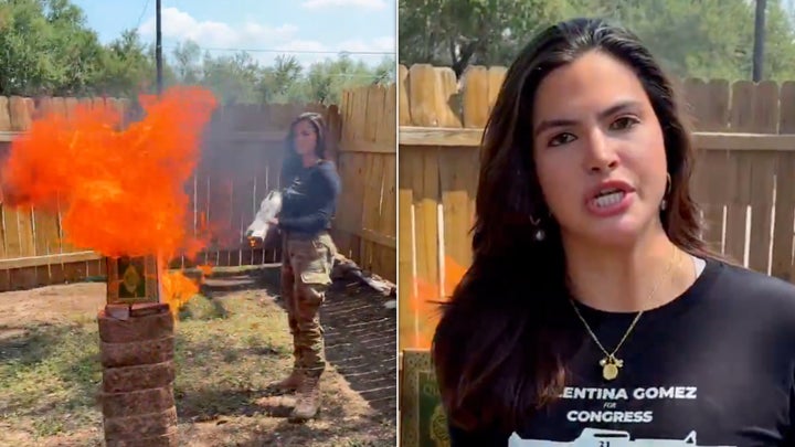 Congressional candidate Valentina Gomez lights a Quran on fire using a flamethrower.