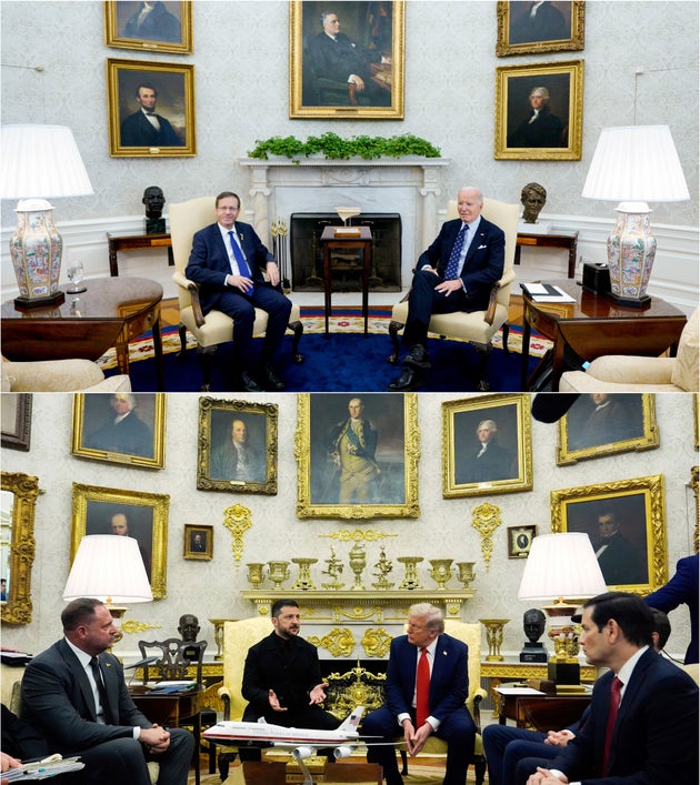 President Joe Biden hung a portrait of President Franklin Delano Roosevelt directly above the fireplace, with George Washington, Abraham Lincoln and other notable presidents flanking him. President Donald Trump's fireplace is a study in maximalism centered around a painting of Washington in his military attire.