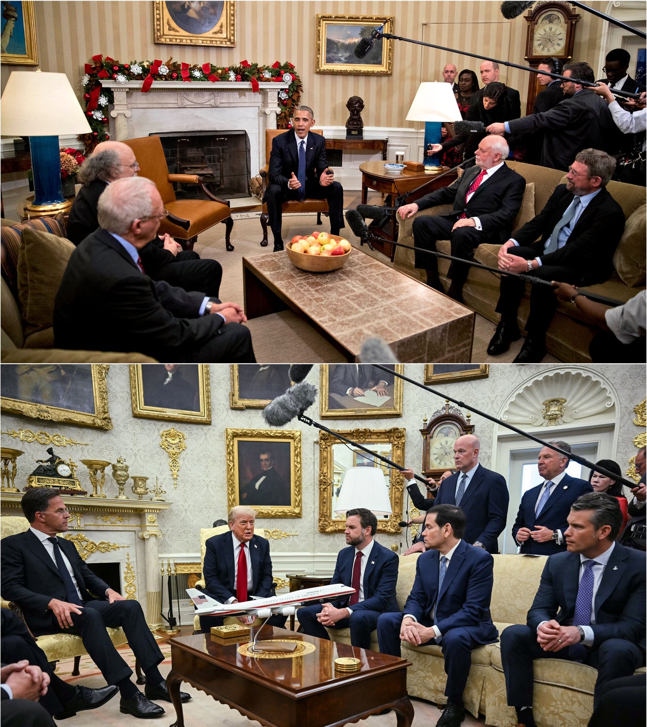 Look What Donald Trump Has Executed To The Oval Workplace 1 President Barack Obama's Oval Office featured earthy tones and, around the holiday season, a festive garland above the fireplace. (He regularly had the ivy plant there.) In this image of Trump's Oval, he had not yet gilded the doorframe nor the space beside the grandfather clock.
