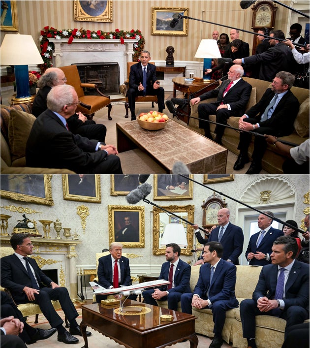 President Barack Obama's Oval Office featured earthy tones and, around the holiday season, a festive garland above the fireplace. (He regularly had the ivy plant there.) In this image of Trump's Oval, he had not yet gilded the doorframe nor the space beside the grandfather clock.