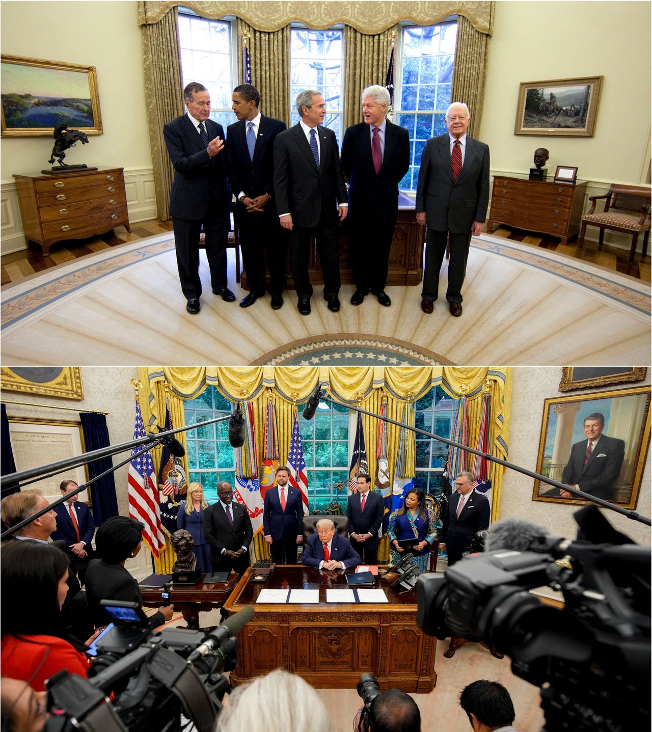 Look What Donald Trump Has Executed To The Oval Workplace 3 At top, five presidents stand in the Oval Office as Barack Obama begins his first term. At bottom, Trump hosts reporters for a signing ceremony. A large portrait of Ronald Reagan hangs on one side of the windows; on the other side is a copy of the Declaration of Independence with its own set of curtains to protect it from the destructive properties of sunlight.