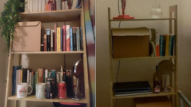 Shelves cluttered on the less, decluttered on the right