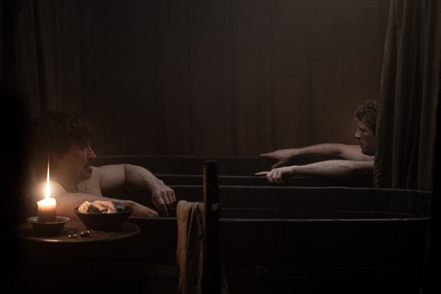 Nikolaj Coster-Waldau and James Norton in King & Conqueror's now-infamous bath scene