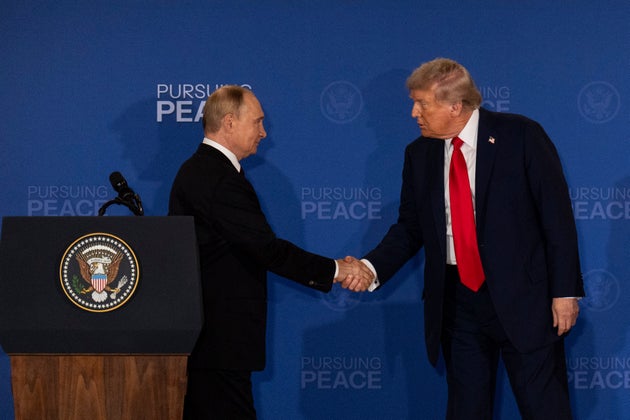 President Donald Trump, right, and Russia's President Vladimir Putin shake hands during a joint press conference at Joint Base Elmendorf-Richardson, Alaska, Friday, Aug. 15, 2025.