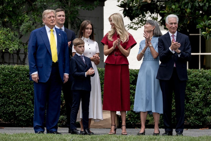 US President Donald Trump, from left, Jared Kushner, former senior White House adviser, his children Theodore and Arabella, Ivanka Trump, former senior adviser to Donald Trump, Seryl Kushner, mother of Jared Kushner, and Charles Kushner, US ambassador to France, on the South Lawn of the White House in Washington, DC, US, on Wednesday, June 18, 2025. Photographer: Ken Cedeno/UPI/Bloomberg via Getty Images