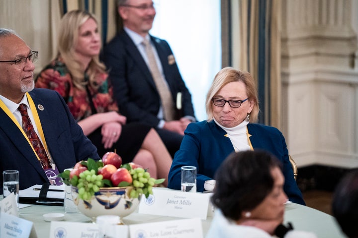 An Oyster Farmer Sparks A Populist Fireplace In Maine 1 Maine Gov. Janet Mills disagrees with President Donald J Trump as he speaks about over transgender women in sports during a Governors Working Session in the State Dining Room at the White House on Friday, Feb 21, 2025 in Washington, DC.