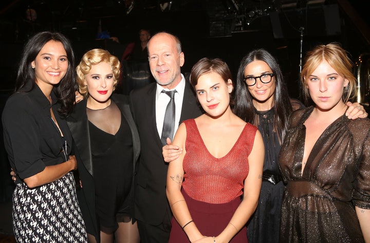 Emma Heming Willis, from left, Rumer Willis, Bruce Willis, Tallulah Willis, Demi Moore and Scout Willis pose backstage as Rumer makes her Broadway debut as Roxie Hart in "Chicago" on Sept. 21, 2015, in New York City.