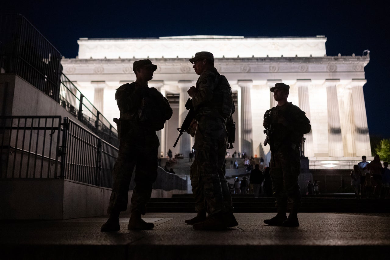 Members of the West Virginia National Guard gather near the Lincoln Memorial on Aug. 30, 2025, in Washington. 