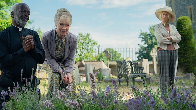 Joseph Marcell, Celia Imrie and Helen Mirren in The Thursday Murder Club