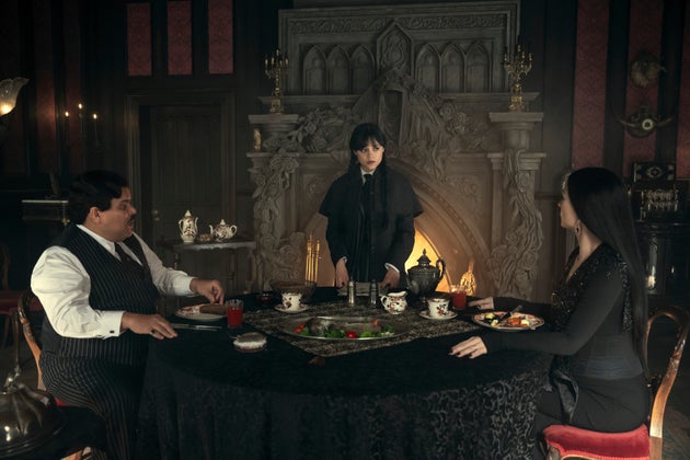Luis Guzmán, Jenna Ortega and Catherine Zeta-Jones in season two of Wednesday