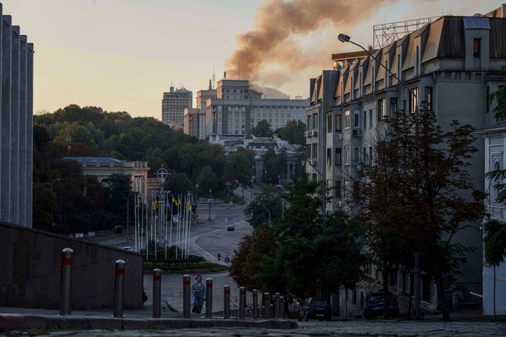 Smoke rises from the Cabinet of Ministers building after a Russian strike in Kyiv, Ukraine, on Sunday, Sept. 7, 2025. (AP Photo/Evgeniy Maloletka)