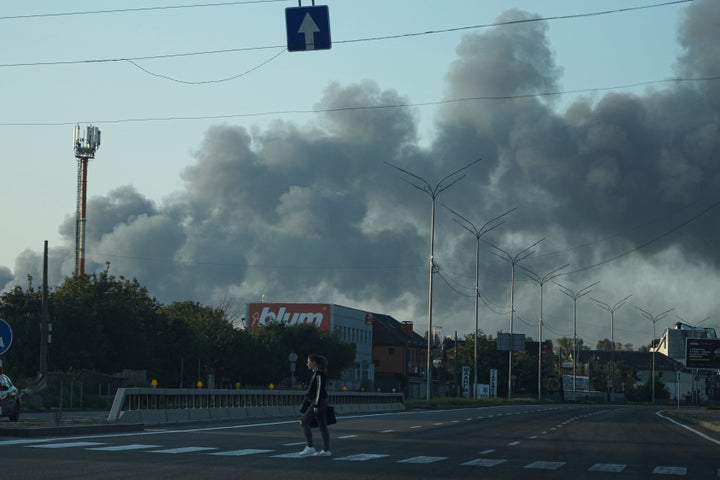 Smoke rises after a Russian attack in Kyiv, Ukraine, Sunday, Sept. 7, 2025. (AP Photo/Efrem Lukatsky)