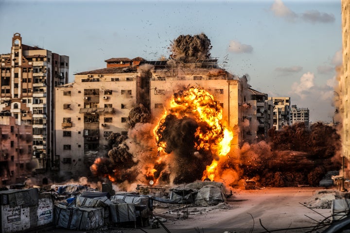 Israeli forces bombed the al-Ruya Tower in Gaza City, causing the building to go up in flames and smoke, on Sept. 7, 2025.