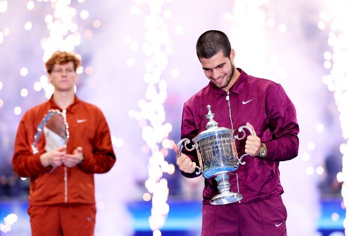 Carlos Alcaraz of Spain poses with his trophy after defeating Jannik Sinner of Italy during their Men's Singles Final match on Day Fifteen of the 2025 U.S. Open at USTA Billie Jean King National Tennis Center on Sept. 7, 2025, in New York City.