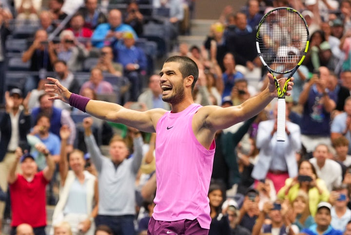 Carlos Alcaraz, of Spain, celebrates after defeating Jannik Sinner, of Italy, in the men's singles final of the U.S. Open tennis championships, on Sept. 7, 2025, in New York.