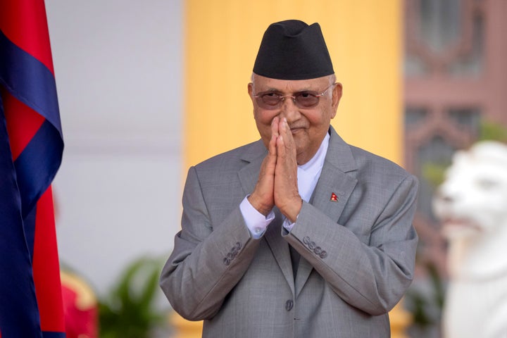 The then newly elected Prime Minister Khadga Prasad Oli greets after the oath of office in President residence in Kathmandu, Nepal, on July 15, 2024.