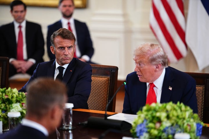 Emmanuel Macron, France's president, left, and U.S. President Donald Trump during a multilateral meeting with European leaders in the East Room of the White House in Washington, D.C, on Aug. 18, 2025.