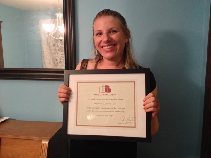 The author at home with her World Education Award.