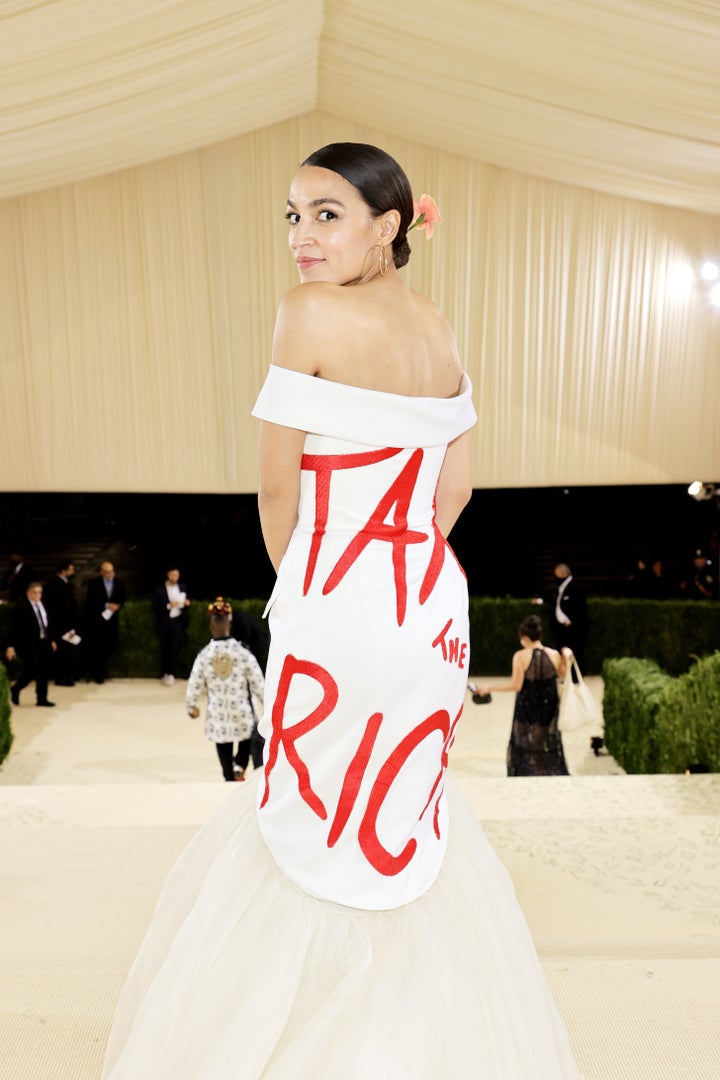 Rep. Alexandria Ocasio-Cortez donned a white dress emblazoned with the slogan "Tax The Rich" at the September 2021 Met Gala.
