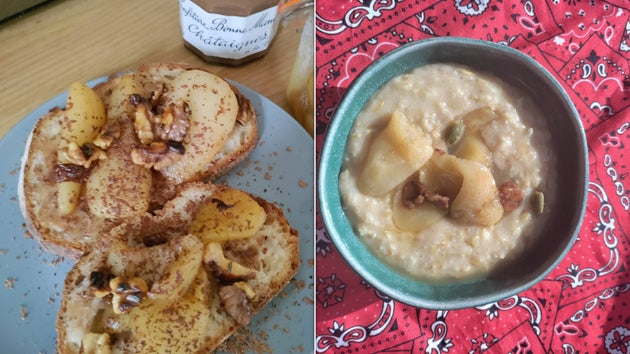 Poached pear bread on the left; porridge on the right