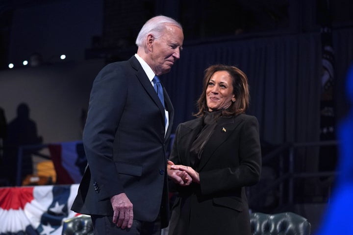 President Joe Biden (left) and Vice President Kamala Harris attend a January 2025 ceremony at Joint Base Myer-Henderson Hall in Arlington, Virginia.