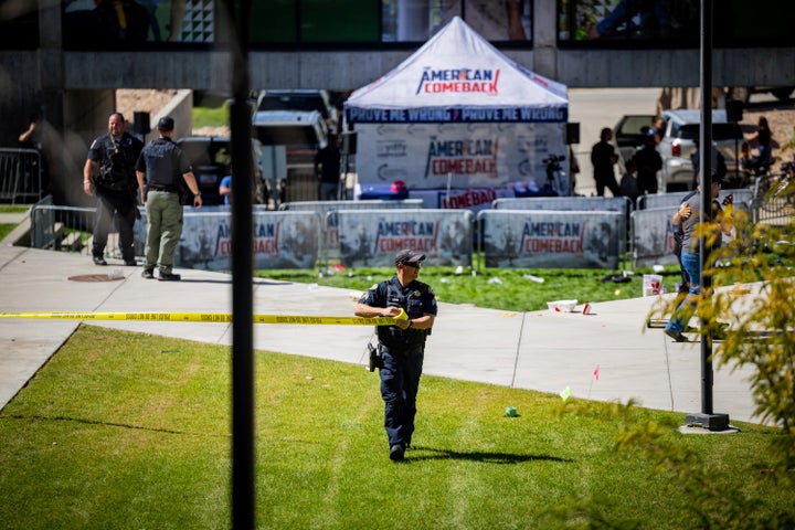 Law enforcement tapes off an area after Charlie Kirk, the CEO and co-founder of the conservative youth organization Turning Point USA, was shot at the Utah Valley University, Wednesday, Sept. 10.