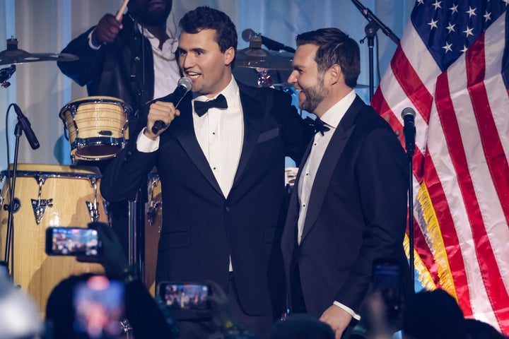 Charlie Kirk introduces Vice President-elect JD Vance on stage during the Turning Point USA Inaugural-Eve Ball at the Salamander Hotel on Jan. 19, 2025 in Washington, D.C.