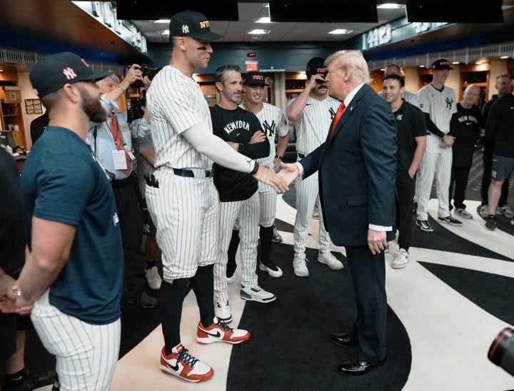 President Trump shakes hands with New York Yankees star Aaron Judge before the team's Sept. 11, 2025 home game against the Detroit Tigers.