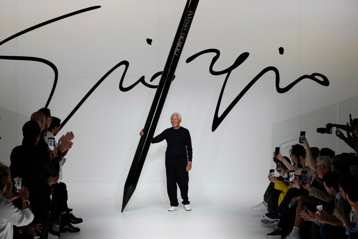 The late Giorgio Armani pictured receiving applause at the end of the Giorgio Armani men's Spring Summer 2024 fashion show in Milan.