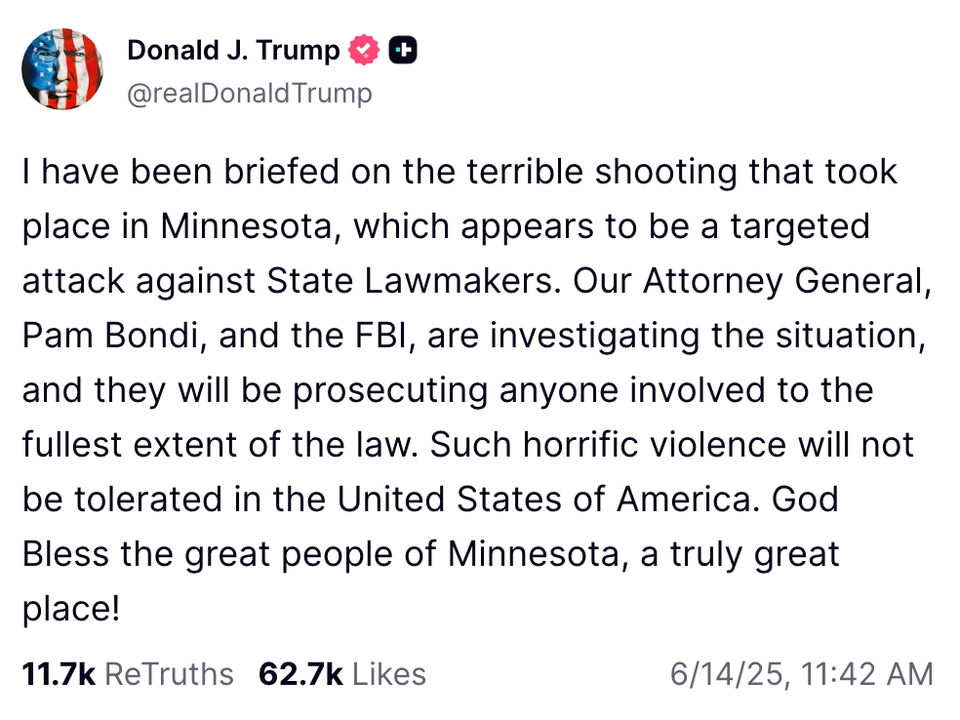 Everyone talks about the double standard between how Trump responded when Charlie Kirk was killed in front of when a Minnesota legislator was killed