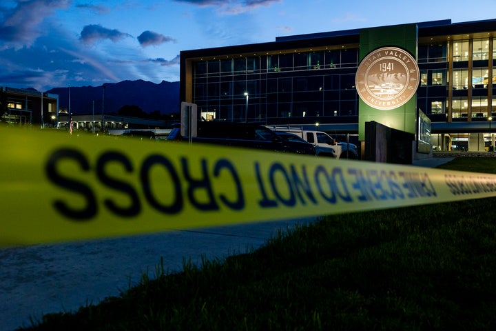 Police tape hangs in front of Utah Valley University following the fatal shooting of political activist Charlie Kirk during an event at the campus on September 12, 2025 in Orem, Utah. (Photo by Michael Ciaglo/Getty Images)