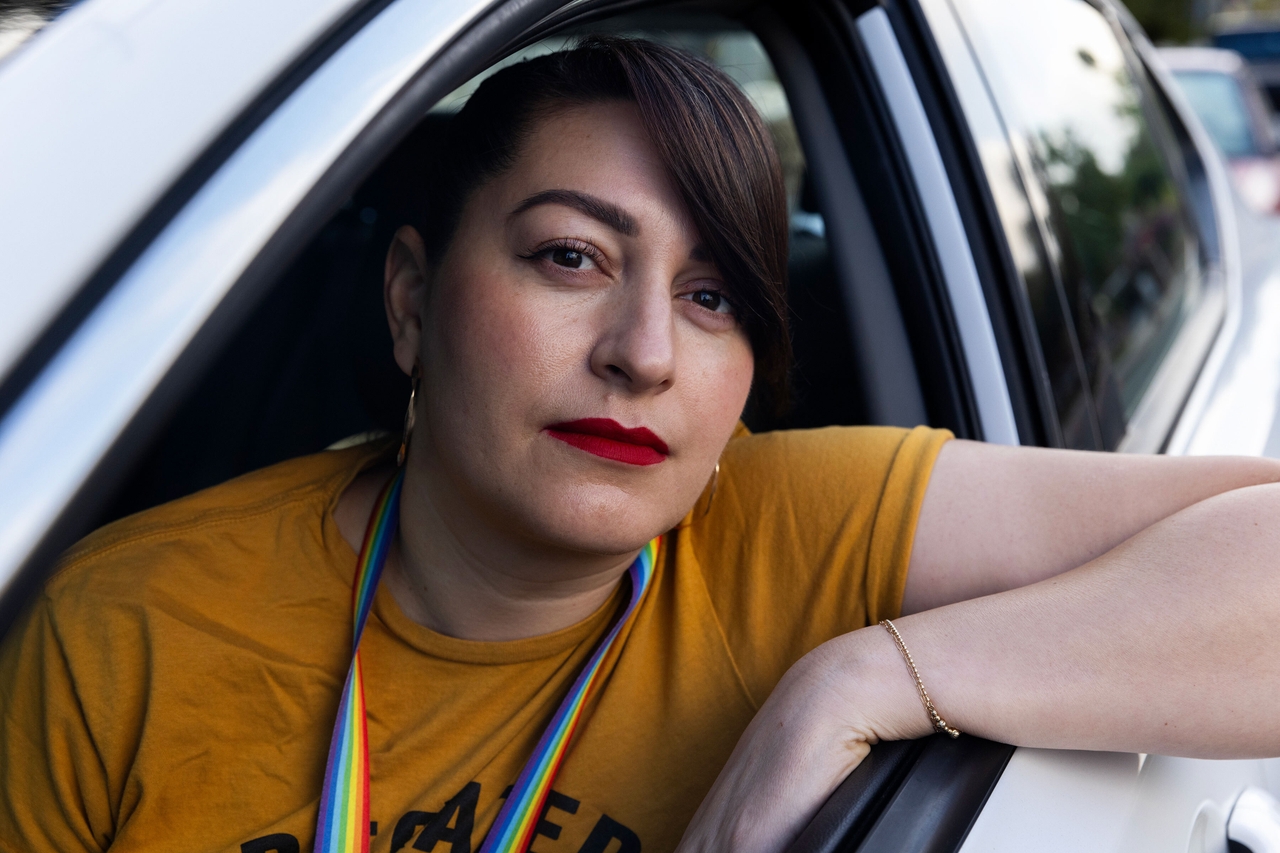 Clemen Avalos, a school psychologist at an elementary school in the San Fernando Valley, patrols the neighborhood around her school to keep an eye out for ICE activity on Sept. 10, 2025. Some days, Avalos also patrols with Unión del Barrio in South Central Los Angeles before school.