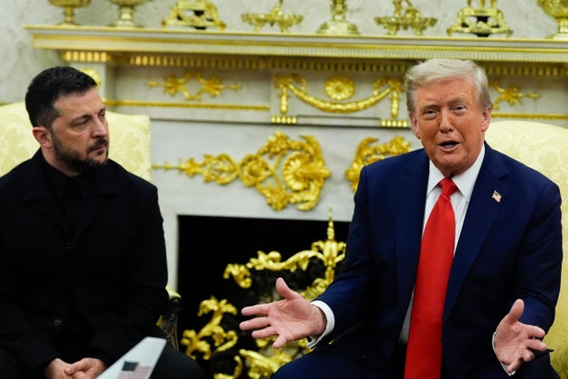 President Donald Trump shakes hands with Ukraine's President Volodymyr Zelenskyy in the Oval Office of the White House, Monday, Aug. 18, 2025, in Washington. (AP Photo/Julia Demaree Nikhinson)