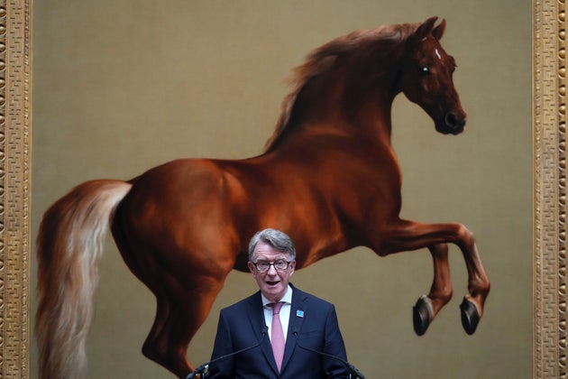 Peter Mandelson speaks in front of the painting called Whistlejacket by George Stubbs when he was still UK ambassador to Washington.