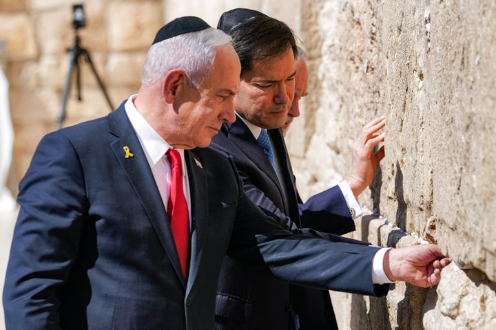 (L to R) Israeli Prime Minister Benjamin Netanyahu, U.S. Secretary of State Marco Rubio and U.S. ambassador to Israel Mike Huckabee visit the Western Wall, Judaism's holiest prayer site, in the old city of Jerusalem on Sept. 14, 2025. Rubio visited Israel after expressing the Trump administration's unwavering support for its ally in the war with Hamas, despite an Israeli strike in Qatar that drew broad criticism and upended current peace talks for Gaza.
