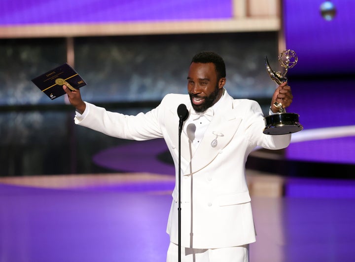 Tramell Tillman accepts the Outstanding Supporting Actor in a Drama Series award for "Severance" on Sunday during the 77th Primetime Emmy Awards at Peacock Theater in Los Angeles.