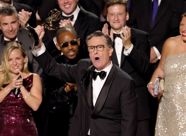 Stephen Colbert accepts the Outstanding Talk Series Award for "The Late Show with Stephen Colbert," two months after CBS announced it would be ending the show.