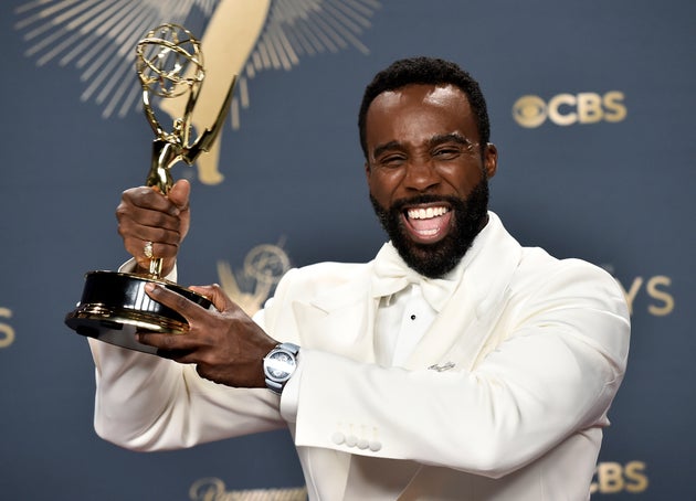 Tramell Tillman celebrating his Emmy win for his performance in Severance
